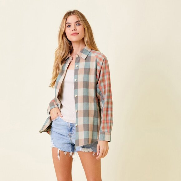 MYSTREE Mixed Plaid Button Down Shirt Neutral Blue & Rust Long Sleeve Casual Top - Picture 3 of 8
